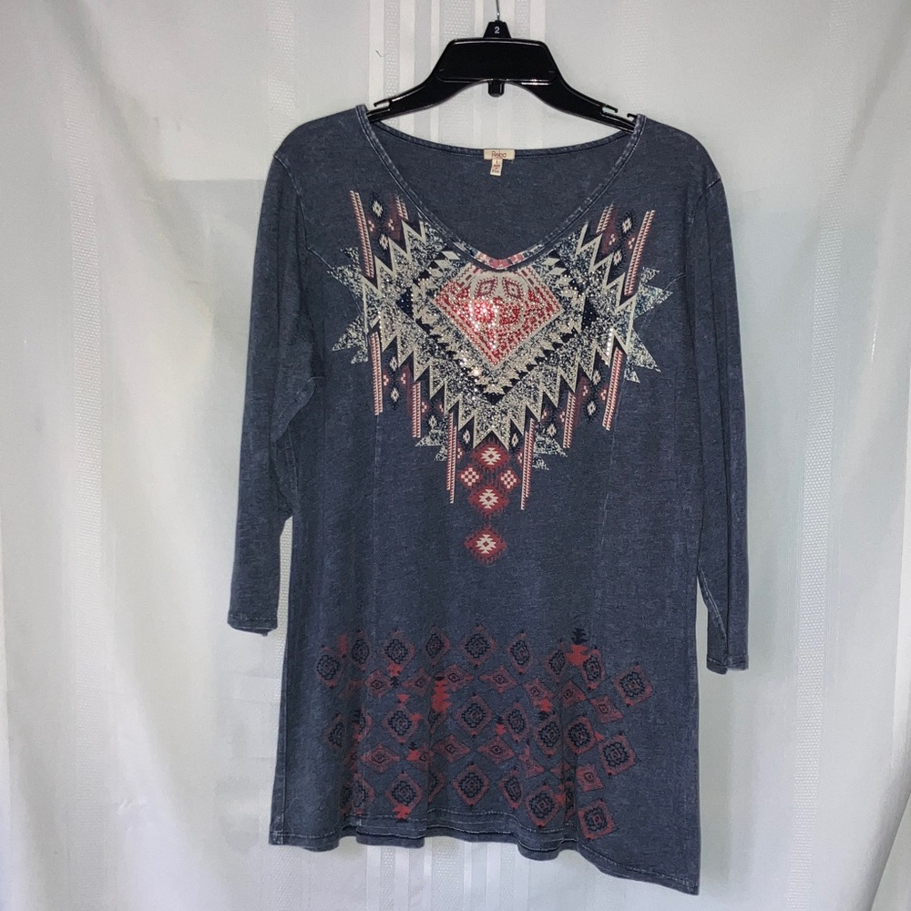 Reba Navy and Coral Geometric Tunic